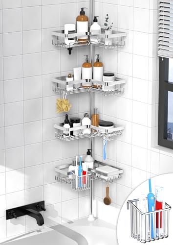 KEGII Shower Caddy Corner Tension Pole - Adjustable Corner Shower Organizer with Tooth Brush Holder, No Drilling Rustproof Bathroom Shelf Storage Rack, Fits 25-114.2 Inch, Silver - color: Silver