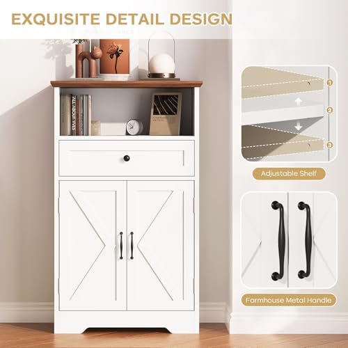 Floor Cabinet, Farmhouse Storage Cabinet with Barn Doors and Drawer, Freestanding Adjustable Shelf Organizer for Bathroom, Kitchen, Living Room White - color: White, size: 39.4"H x 23.6"W x 11.8"D