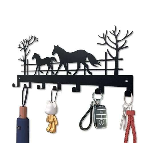Metal Horse Key Holder for Wall,Metal Key Organizer Wall Decorative with 7 Hooks,Black Wall Mount Key Holder for Entryway,Front Door,Hallway,Office - color: Horse