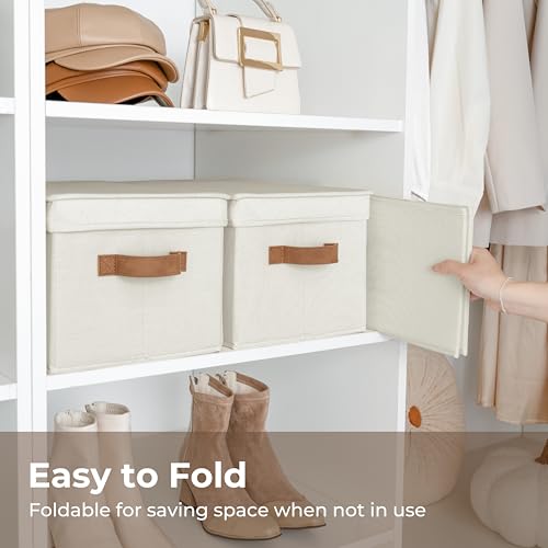 StorageWorks Storage Basket with Lid, Decorative Storage Boxes with PU Handles, Stackable Fabric Storage Bins for Closet, Shelves, Ivory, Large, 3-Pack - color: Ivory, size: Large