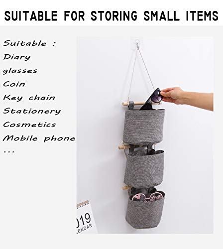 AARAINBOW 1 Pack Mini Cotton Linen Fabric Closet Detachable Foldable Washable Hanging Storage Bag with 3 Pockets Over The Wall Door Small Organizer for Room Bathroom (Gray) - color: Grey
