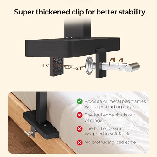 Wealone Adjustable Bedside Shelf for Bed, College Dorm Room Essentials, Bamboo Bed Side Tray Table with Sturdy Metal Pole, Clip On Nightstand Organizer for College, Apartment, Bunk Beds - color: Black
