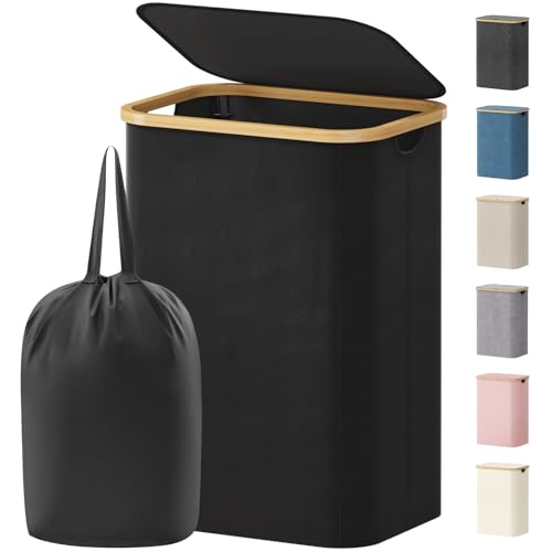 Lifewit 80L Laundry Basket with Lid, Clothes Hampers for Laundry with Bamboo Handles and 1 Removable Bag, Large Foldable Laundry Hamper for Bedroom, Bathroom, Dorm, Laundry Room, Black - color: Black, size: 80L