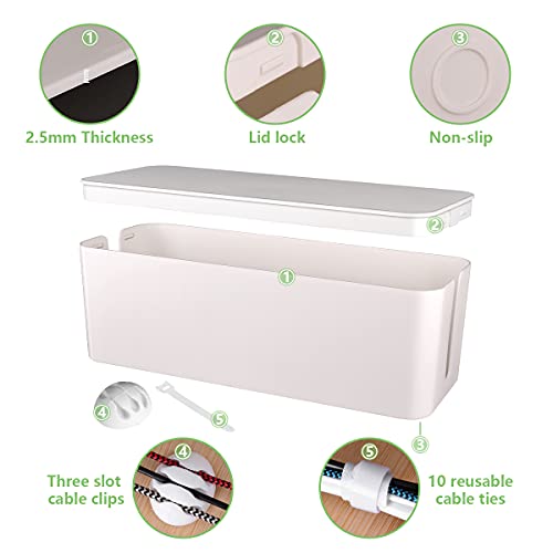 Cable Management Box, Large Cord Organizer Box to Hide Power Strip & Under Desk,TV Computer Wires Cable Organizer Hider Box with Cable Clips&Reusable Cable Ties for Home/Office(White) - color: White