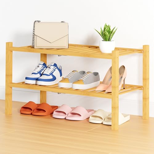 Smiry Shoe Rack, 2 Tier Thick Bamboo Shoe Organizer, Stackable Free Standing Wooden Shoe Storage Shelf for Closet, Entryway, Front Door Entrance, Natural - color: Natural, size: 26.80" Wide - 2 Tier - Thicker
