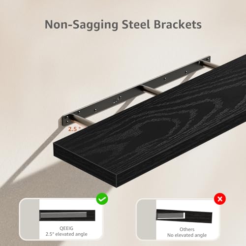 QEEIG Floating Shelves for Wall 35.4" Long - Wall Mounted Shelf Bathroom Kitchen Living Room Bedroom Farmhouse Home Decor Display Bookshelf Large 35.4 x 9.3 inch Set of 2, Black (008-90B) - color: C. Black, size: 35.4"