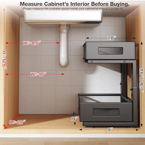 1 Pack 19IN Depth Under Sink Organizer, 2-Tier Pull Out Cabinet Organizer With Smooth Circular Rail, Large Capacity Metal Mesh Sliding Drawers For Bathroom& Kitchen Storage,Height Adjustable-Black - color: Black, size: 1 Pack-19"Dx11.6"-16.7" H