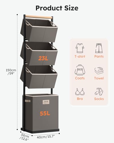 SOLEDI 4 Section Laundry Hamper Sorter, Stackable Laundry Basket Organizer with Removable Basket, 125L 4-Tier Vertical Laundry Sorter for Small Space, Laundry Room, Dorm, Bathroom, Wardrobe Grey - color: Grey