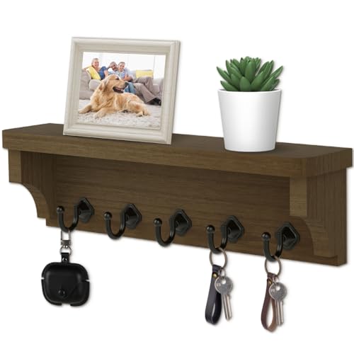 Nekon Key Holder for Wall, 11.8" W x 3.5" H x 2.8" D Decorative Key Organizer with Floating Shelf, Wall Mount Key Rack with 5 Hooks (Rustic Brown) - color: Rustic Brown