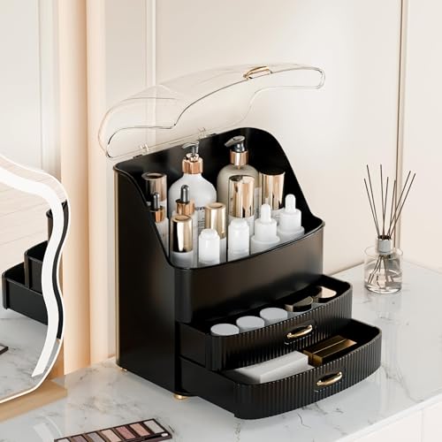 Makeup Organizer Countertop Vanity with Transparent Lid Drawers Waterproof Dustproof Cosmetic Skincare Bathroom Storage Gift for Women Teens Girls (Black) - color: Black