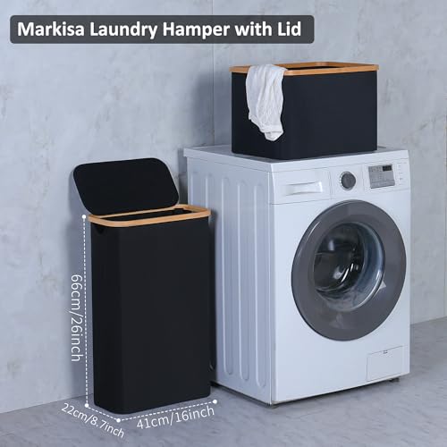 60L Slim Laundry Hamper,Laundry Basket with Lid,Tall Hamper for Laundry,Dirty Cloth Hamper with Bamboo Handle for Toys,Towels, Clothes Organizing,Black - color: Black, size: 60L Slim