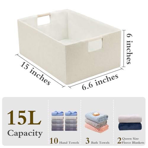 Foldable Fabric Storage Basket for Shelves, Linen Decorative Storage Bin with Wooden Handles, Small Organizer Cube for Closet, Rectangle Canvas Box for Organizing, Decor, 15x10.6x6 Inches (Beige) - color: Beige