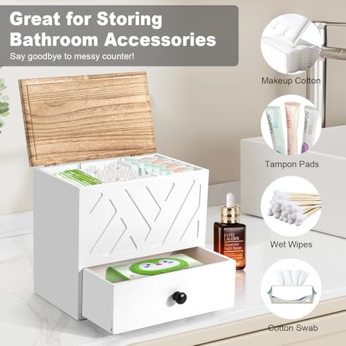 Tampon Holder for Bathroom, Feminine Product Organizer with Lid and Drawer, Shark Week Pad Storage, Wooden Tampon Organizer for Toilet Countertop Decor, Girl Stuff Box Toilet Bathroom Accessories