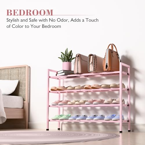 Bumusty 4-Tier Expandable Shoe Rack for Closet, 18“-33” Adjustable Shoe Rack for Small Space, Small Shoe Organizer for Front Door, Sturdy Metal, Pink - color: Pink, size: 4-Tier