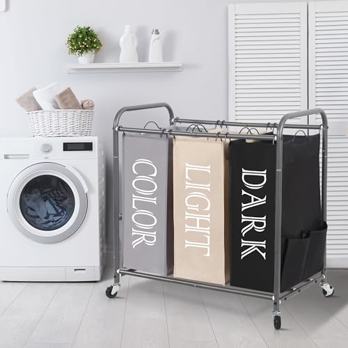 STORAGE MANIAC 3 Section Laundry Sorter, 35.9 Gal (136 L) Laundry Hamper Cart with Heavy Duty Rolling Lockable Wheel and Removable Bag, Clothes Organizer Basket Clothes Separator Hamper, Multicolored - color: Multicolored, size: 3 Section