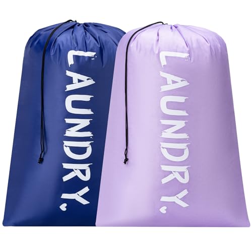 2 Pack XL Travel Laundry Bag, Machine Washable Dirty Clothes Organizer with Drawstring,Large Enough to Hold 4 Loads of Laundry, Easy Fit a Laundry Hamper or Basket Travel Essentials 24" x 36" - color: Light purple+Deep Blue, size: 24"x36" |2 Pack