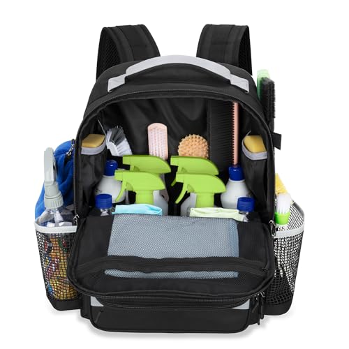 HODRANT Cleaning Backpack with Bottom Plate & Waterproof Bottom, Large Supplies Bag with Multiple Pockets for Housekeeping Tools, Cleaning Products Caddy Organizer for Home & Car