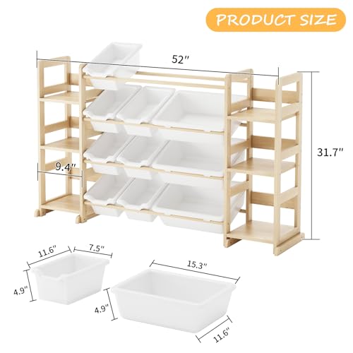 EXPERLAM Extra Large Toy Storage - Toy Storage Organizer, Wooden Toy Organizer with 6 Side Shelves and 12 Bins, 3-in-1 Bookshelf for Kids Rooms, Playroom, Nursery, Multi Color - color: Multi Color, size: 52 inches (L) x 11 inches (W) x 31.5 inches (H)