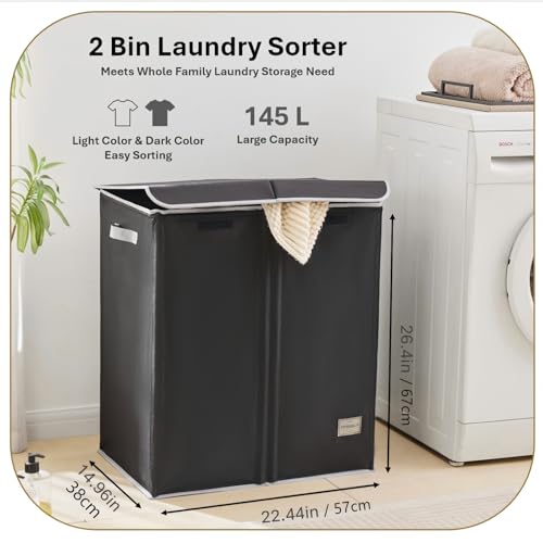Dual Laundry Hamper with Lid and 2 Removable Liners, 145L Laundry Basket, 2 Sections for Easy Sorting, Collapsible Design, Dirty Clothes Hampers, Bedroom, Dorm, College, Black - size: 145L