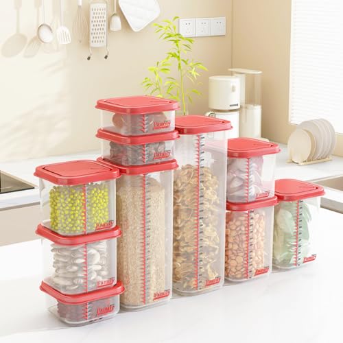 8300ml Airtight Food Storage Container With Lids 9PCS Family Set, BPA-Free Food-grade Plastic Stackable Leak-proof Kitchen Pantry Organizers for Pasta, Nuts, Dry Goods, Snack,Modular Design (Red) - color: Red