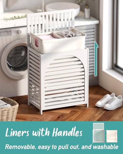 White Laundry Hamper, Laundry Hamper with Lid, 27.3 Gallon (103L) Bamboo Wood Clothes Laundry Basket with Lid and Handles, Removable Liner - color: White, size: Extra Large