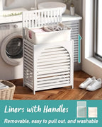 White Laundry Hamper, Laundry Hamper with Lid, 27.3 Gallon (103L) Bamboo Wood Clothes Laundry Basket with Lid and Handles, Removable Liner - color: White, size: Extra Large