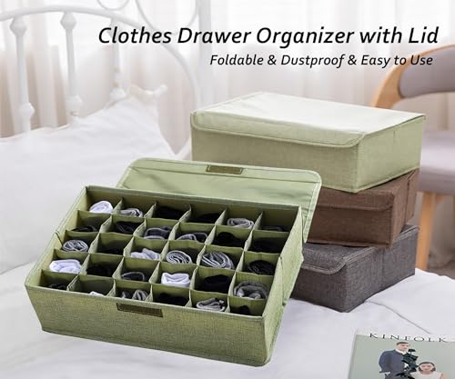 AARAINBOW 2 Packs Underwear Socks Ties Storage Organizer with Lids Foldable Closet Drawer Organizer 60 Cells, Fabric Drawer Wardrobe Divider Storage Boxes for Scarves and Lingerie (30 Cell, 2 Green) - color: Green, size: 2*30 Cells