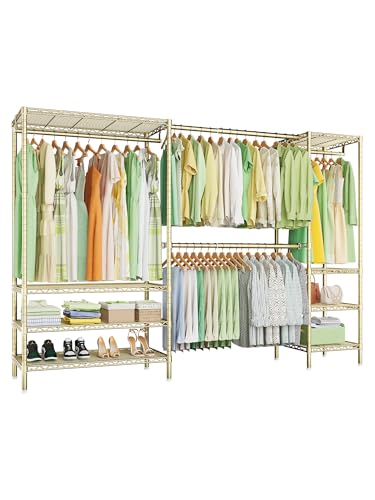 Ulif E11 Heavy-Duty Garment Rack, Metal Freestanding Clothes Rack and Closet Storage Organizer System with 8 Shelves and 4 Hanger Rods, (73.2-97.6)" W x 14.5" D x 71.2" H, Load 1034 LBS, Gold - color: Gold