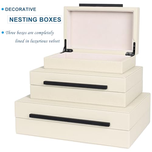 Beige Shagreen Decorative Box Set of 3 - Faux Leather Nesting Storage Boxes with Lids, Large Modern Jewelry Organizer, Stackable Home Decor Box for Bedroom, Bathroom & Office - color: Beige+Black Handles, size: 3 pack