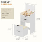 Gurexl Small Fluted Vanity Desk with Mirror and Lights, 3-in-1 Compact Makeup Vanity Set with Hidden Storage Stool, Mini Dressing Table with 3 Drawers, for Girls (White) - color: White-led