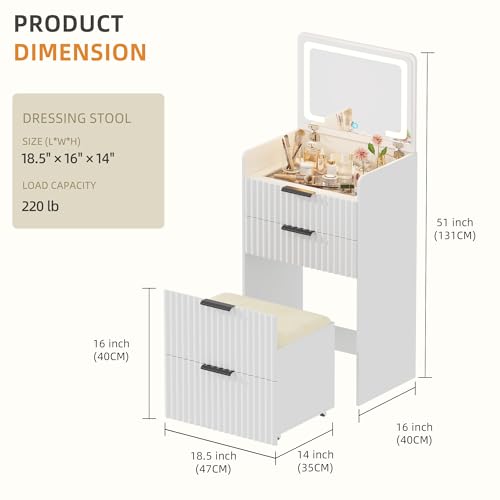 Gurexl Fluted Small Vanity Desk with Mirror and Lights, 3-in-1 Compact Makeup Vanity Set with Hidden Storage Stool, Mini Dressing Table with 3 Drawers for Little Girls, (Cream White) - color: Cream White