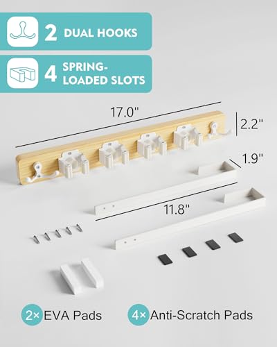 Mop and Broom Holder Wall Mount, No Drill Over the Door Broom and Mop Holder with 4 Slots and 4 Hooks, Wood Tool Hanger for Laundry, Cabinet, Kitchen, Garage - color: Natural