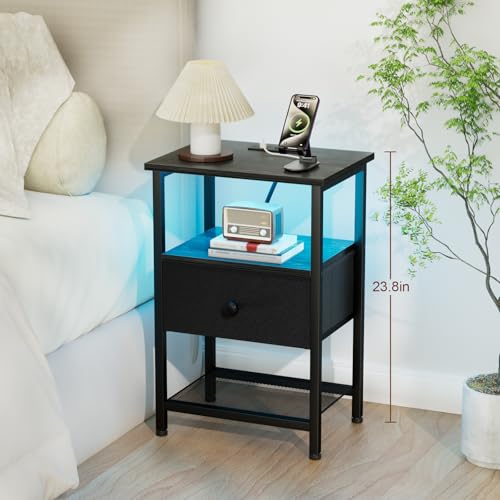 LOAKEKEL LED Night Stand with Charging Station, Small Bedside Table with USB Ports & Outlets, Fabric Storage Drawer with PU Finish for Bedroom, Black, HETS01BK-1 - color: Black, style: One-drawer