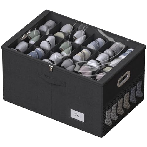 Shoe Organizer for Closet, Shoe Box Storage Containers Fit 18 Pairs Foldable Shoe Storage Bins with Clear Cover & Adjustable Dividers for Shoes Blankets Linen Clothing (Black, (24.4*16.5*12.9)x1) - color: Black, size: (24.4*16.5*12.9)x1