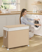 SONGMICS HOME Laundry Hamper with 3 Section, Large 140 L Rolling Laundry Basket with Wheels, Rattan Clothes Basket with Lid, Removable Liner with Handles, Natural Beige and Matte White ULCB602N01 - color: Natural Beige + Matte White, size: 140 L