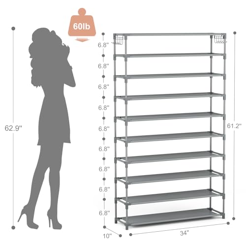LANTEFUL 10 Tiers Shoe Rack 50 Pairs Large Capacity Tall Shoe Organizer Sturdy Shoe Storage with Two Hooks Space Saving Metal Wide Shoe Rack for Closet, Entryway, Bedroom, Grey - color: Grey, size: 10 Tier-61.2" High-34" Wide
