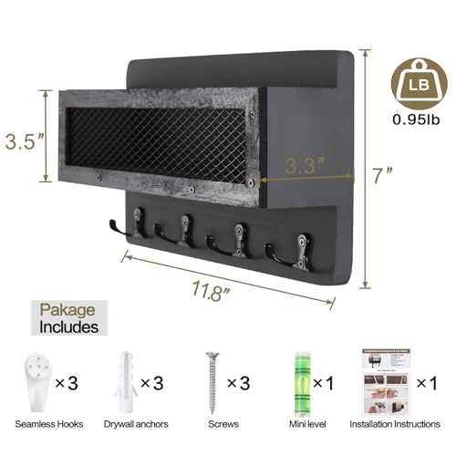 ADIIL Mail and Key Holder for Wall Decorative, Wooden Wall Mount Key Rack Hanger Organizer with 4 Double Key Hooks, Rustic Home Decor for Entryway Hallway, Grey - color: Gray