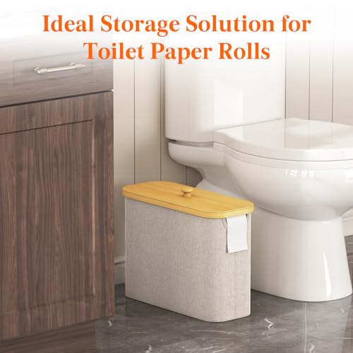 Lifewit Toilet Paper Storage Holder for 9 to 12 Rolls, Free Standing Toilet Paper Basket Stand with Bamboo Lid, Collapsible Fabric Bathroom Organizer Box for Mega Rolls, 23L, Large, White, Beige - color: Beige, size: 23L