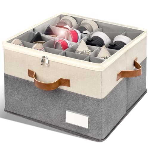Shoe Organizer for Closet, Foldable Shoe Storage Bins with Clear Cover, Space Saving Shoes Holder with 4 Handles, Large Adjustable Shoe Box Storage Containers, Fits 8-16 Pairs, 1 Pack, Beige - color: Beige and Grey, size: (1 Pack) 17"L x 17"W x 12 ½"H
