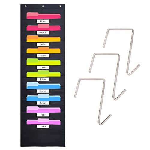 Black Pocket Chart for Classroom - 10 Pocket Storage Rainbow Pocket Charts , 3 Over Door Hangers Included, Hanging Wall File Organizer for File Folders, School Mailbox, Home/Office Papers - color: Black - (10 Name Tag Pockets)