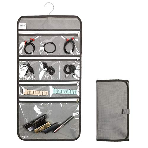 Travel Foldable Jewelry Rolls Bag Hanging Jewelry Organizer with 9 Zippered Clear Pockets Storage Pouch with Rotatable Hanger (GREY) - color: GREY