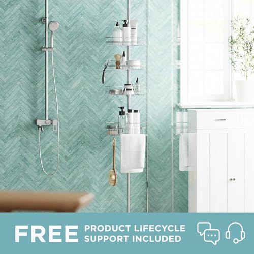 Zenna Home Tension Pole Shower Caddy Corner Organizer, Adjustable Standing Shower Caddy with 4 Baskets and Built in Towel Bar, Rust Resistant Bathroom Tension Rod Organizer, 60 to 97 Inch, Chrome - color: Chrome