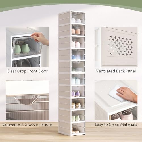 HOMCOM 10 Pack Foldable Shoe Organizer, Plastic No Assembly Stackable Shoe Storage Box with Clear Door, Space Saving, Fit up to US Size 10, White