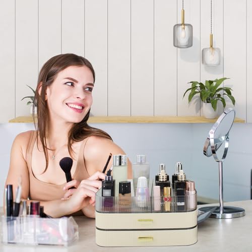 Makeup Organizer with 2 Drawers, Cosmetics Organizer for Bedroom and Bathroom Vanity Countertops, Large Capacity Cosmetic Storage Box for Skincare Cream Perfume Lipstick Dresser Counter-White - color: Grey, size: 2 Drawers