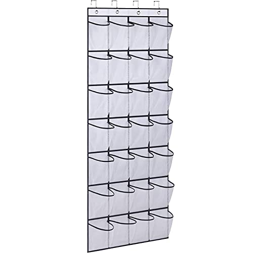 28 Large Pockets Over The Door Shoe Organizer, Hanging Shoe Organizer for Closet, Premium Clear Shoe Rack for Door, Shoes Hanger Organizers Storage Holder for Back of Door and 4 Metal Hook White - color: White, size: 28 Pockets