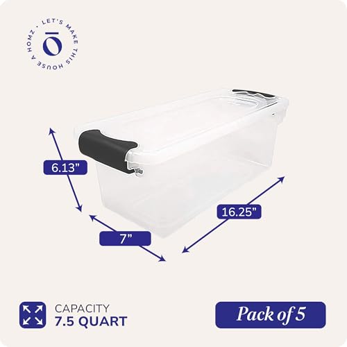 HOMZ 5-Pack Latching Lid, Clear Plastic Storage Organizer Bins, 7.5 Quart, Gray Latch - Stackable Organizing Containers for Home, Garage, and Office - color: Gray, size: 7.5 QT (5 Pack)