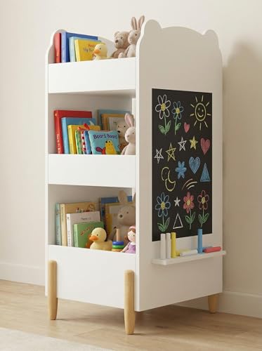 Kid Toy Bookcase,3-Tier Bear Shaped Wooden Kids Bookshelf with Legs, Montessori Bookshelf with Blackboard for Toys and Books, Storage Organizer for Living Room/Bedroom/Nursery/Kids Room-White