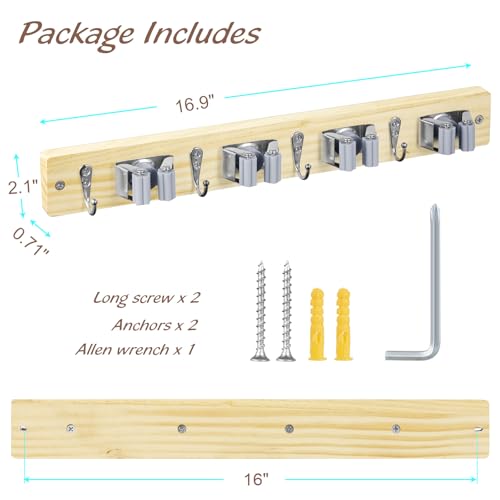 OUTNILI Mop and Broom Holder Wall Mount - Light Wood Broom Mop Hanger - Wall Mounted Garden Tool Rack Organizer for Closet Garage Laundry Room Kitchen With 4 Slots & 4 Hooks - color: Light-4 Grips, size: 1 Pack