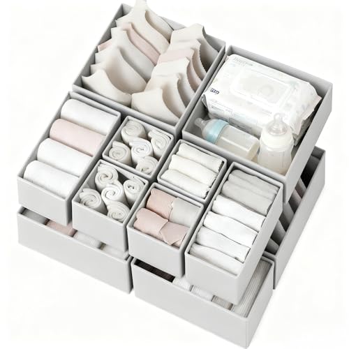 Criusia Drawer Organizer Clothes 12 Pack, Dresser Organizer for Nursery Bedroom Closet Organization and Storage - Baby Clothes Organizer Bins - Drawer Divider for Sock Underwear Bra Ties (Grey) - color: Grey, size: 12 Pack
