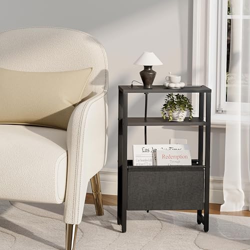 Narrow Side Table with Charging Station, Slim End Table with Magazine Rack, Bedside Table for Small Spaces, 3 Tier Sofa Couch Table Nightstand for Living Room, Bedroom, Black LET503BE - color: Black